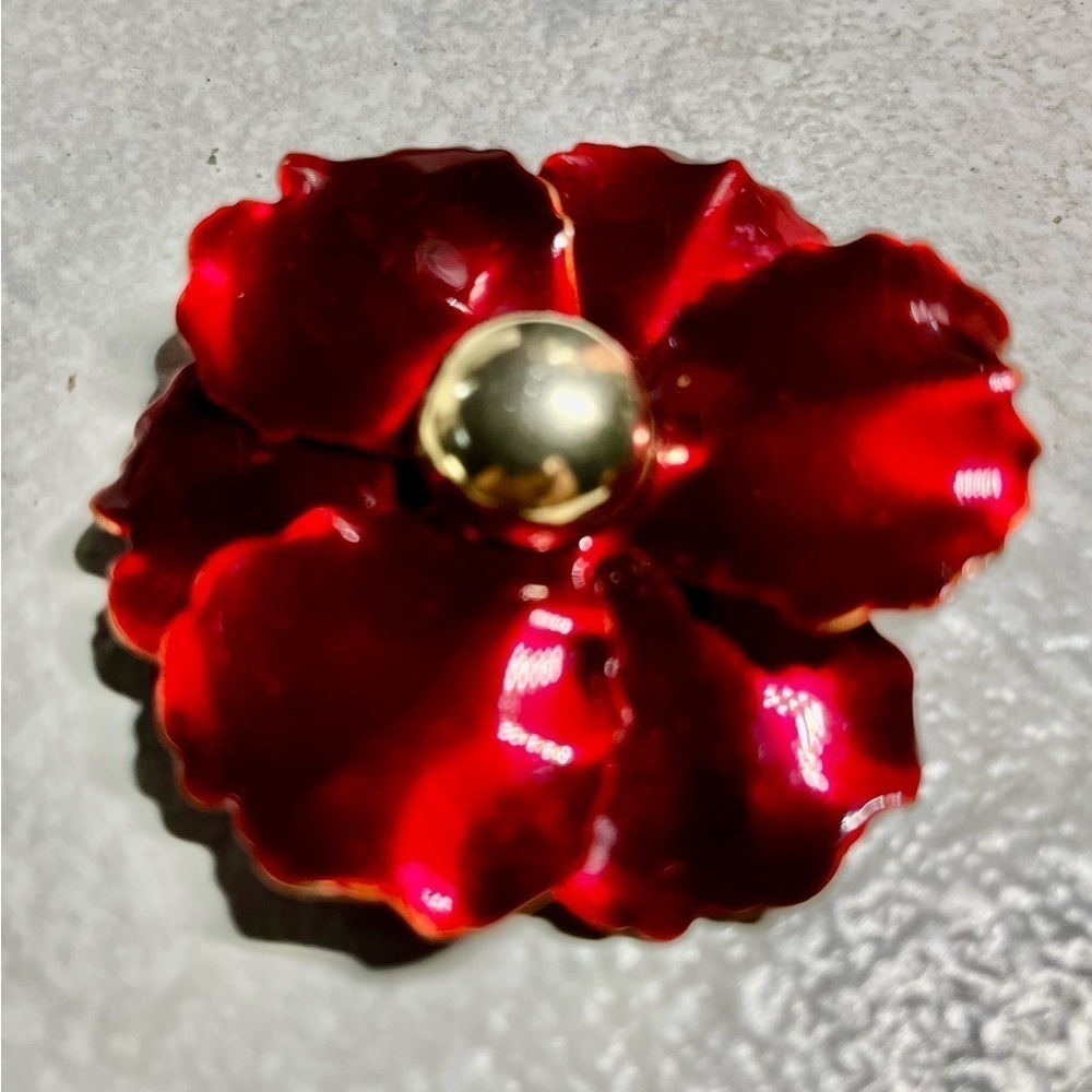 Vintage Red Enamel Flower Brooch